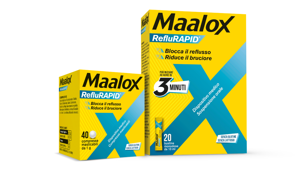 Confezione Maalox RefluRapid da 20 bustine e da 40 compresse - può iniziare ad agire in 3 minuti contro il reflusso