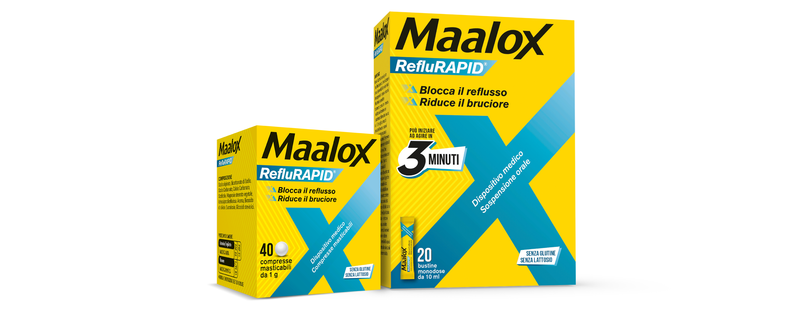 Confezione Maalox RefluRapid da 20 bustine e da 40 compresse - può iniziare ad agire in 3 minuti contro il reflusso